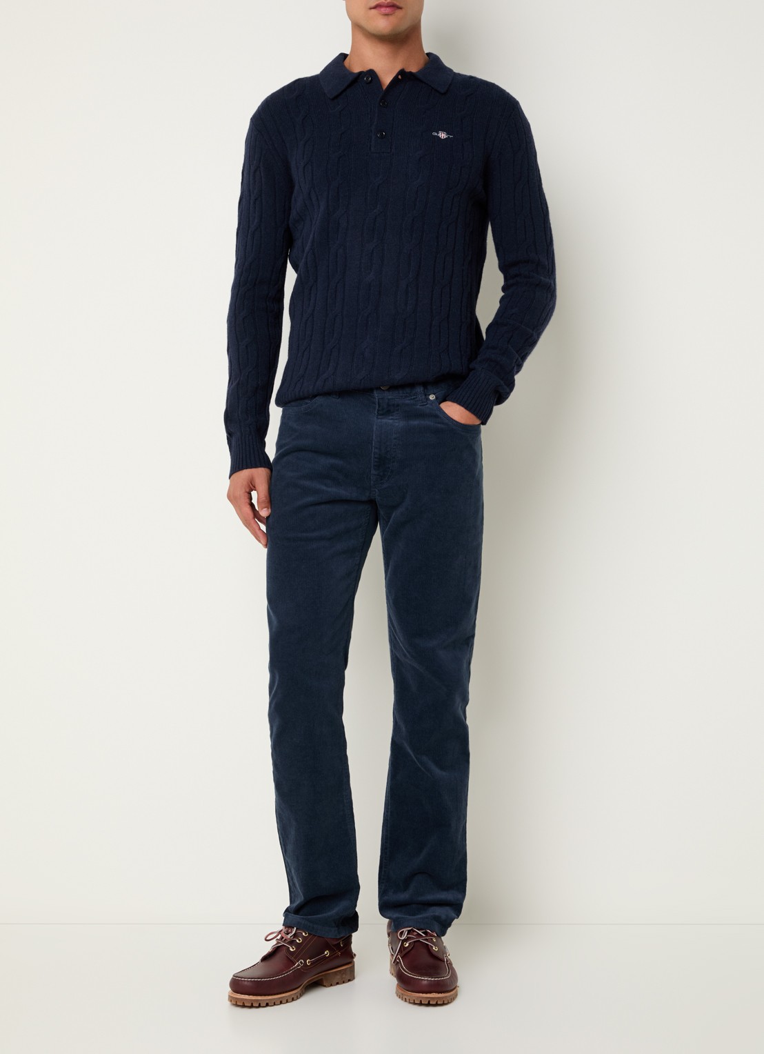 Gant Kabelgebreide trui van lamswol - voorkant 4 donkerblauw