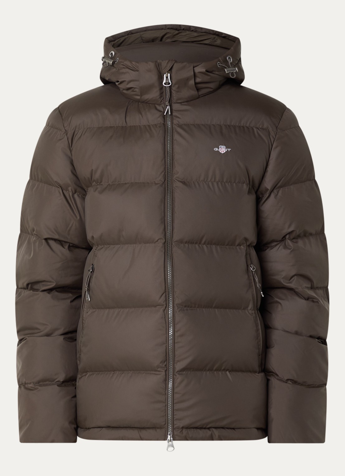Gant Puffer jack met capuchon en ritszakken - voorkant 3 donkerbruin