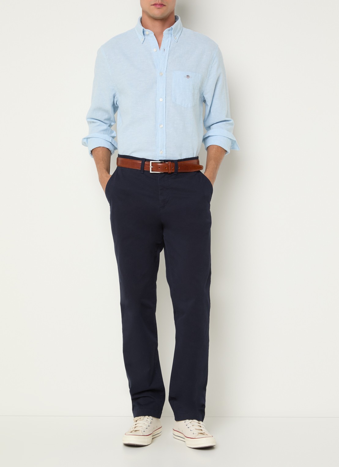 Gant Regular fit overhemd in linnenblend met logoborduring - voorkant 2 lichtblauw