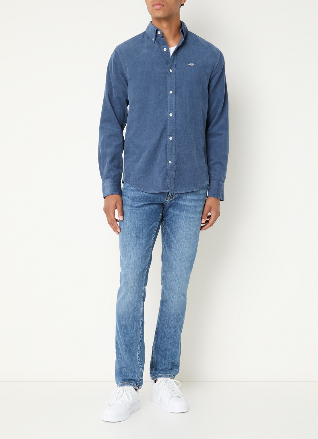 Gant Regular fit overhemd van corduroy met logoborduring - voorkant 2 staalblauw