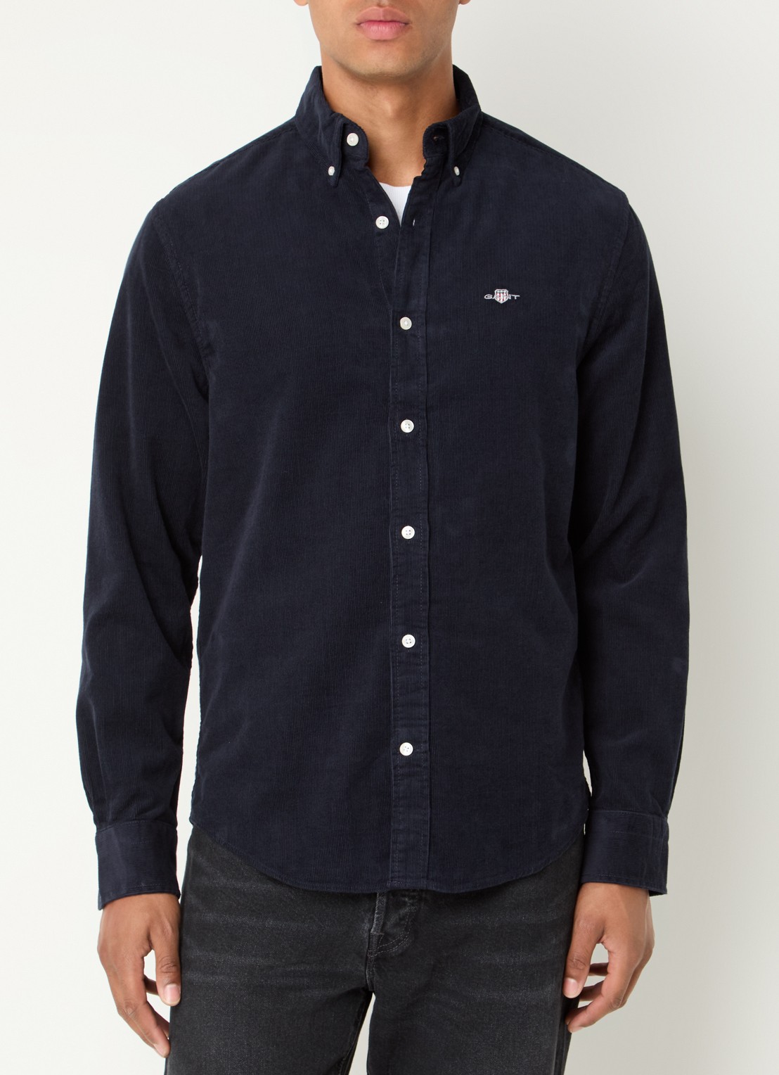 Gant Regular fit overhemd van corduroy met logoborduring - detail donkerblauw