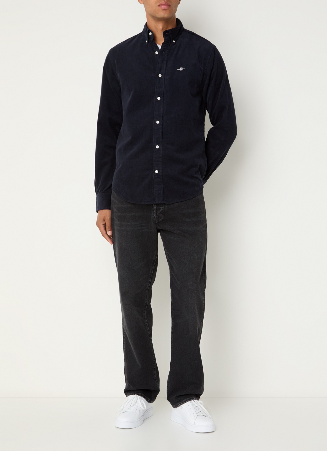 Gant Regular fit overhemd van corduroy met logoborduring - voorkant 4 donkerblauw