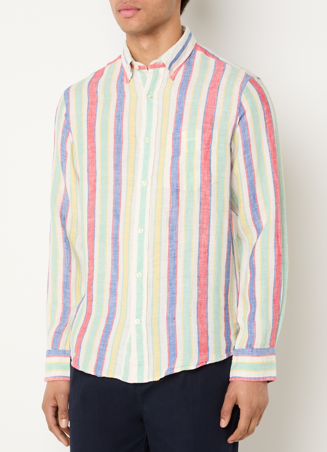 Gant Regular fit overhemd van linnen met streepprint - detail 4 gebroken wit