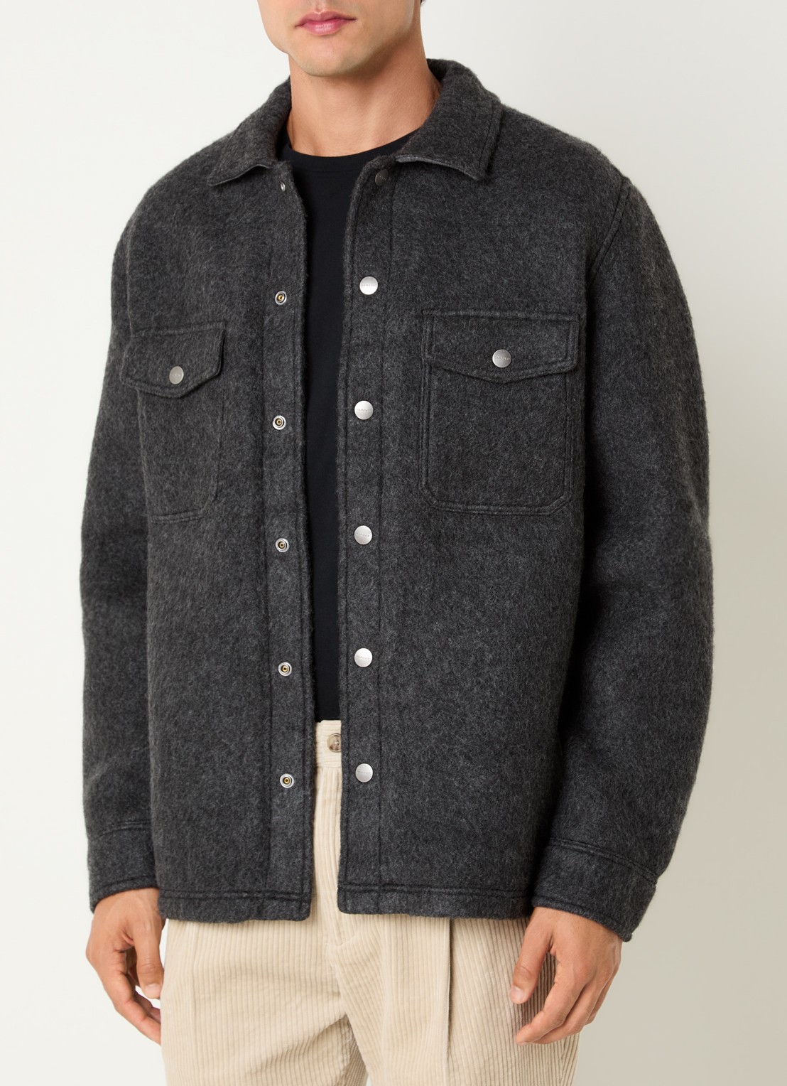 Gant Regular fit overshirt in wolblend met klepzakken - detail antraciet