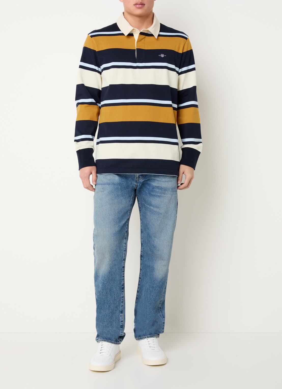 Gant Regular fit polo met streepprint en logo - voorkant 2 blauw