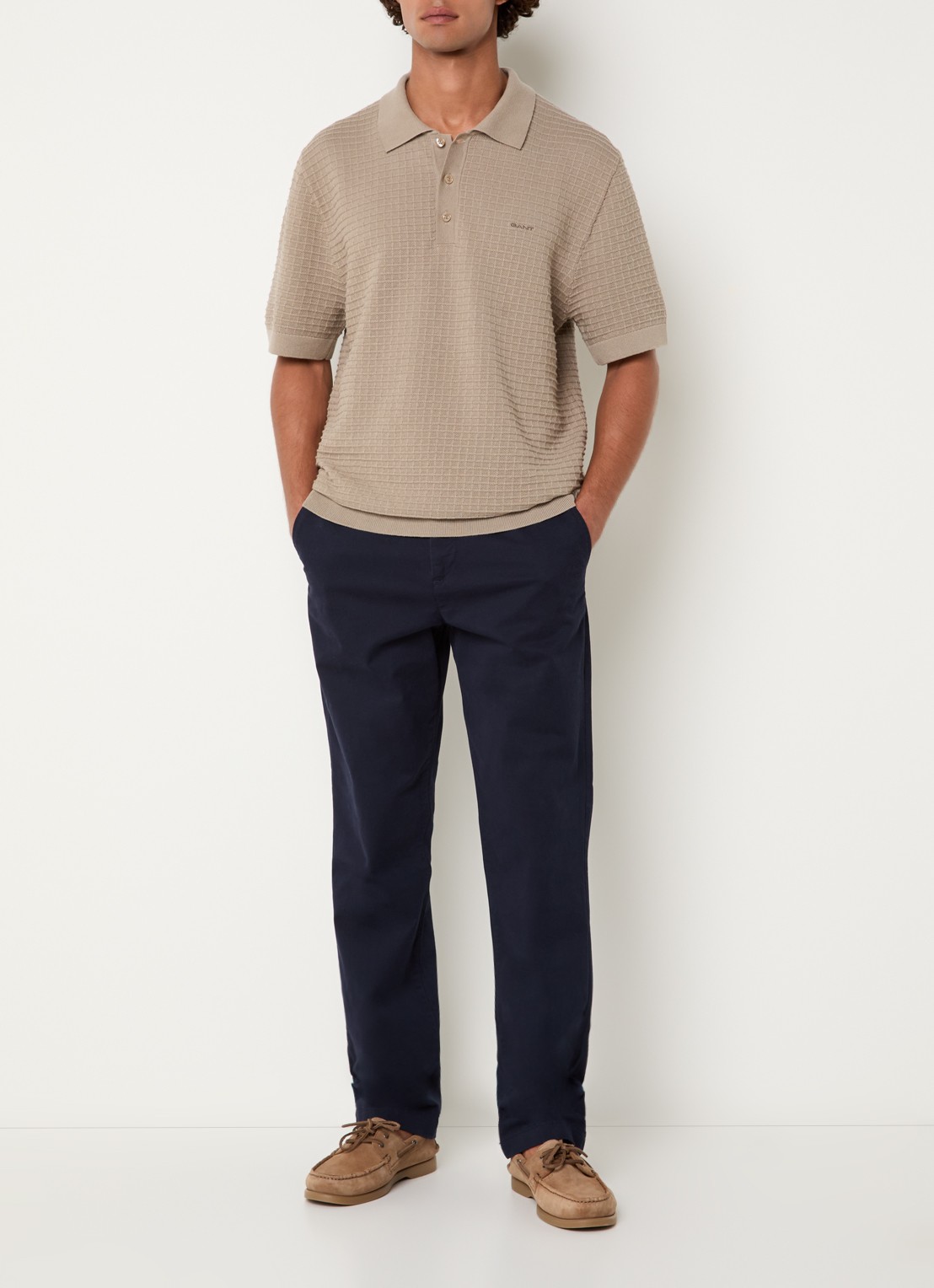 Gant Regular fit polo met structuur - voorkant 4 donkerbeige