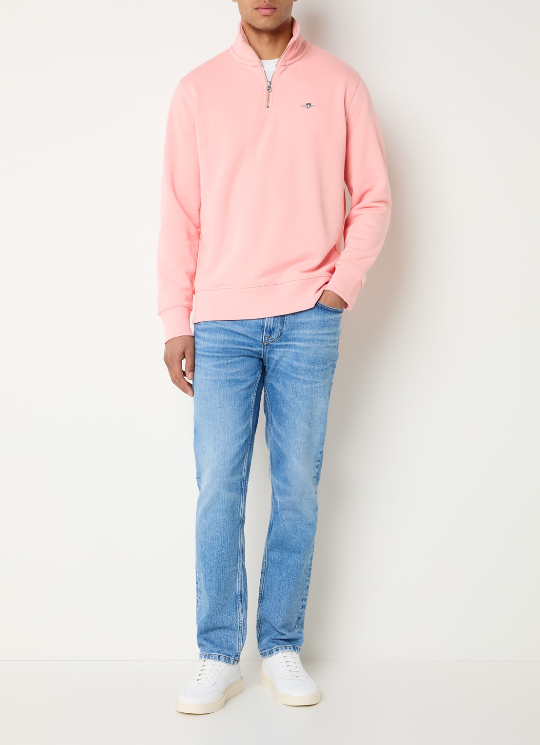 Gant Sweater met logo en halve rits - voorkant 2 roze