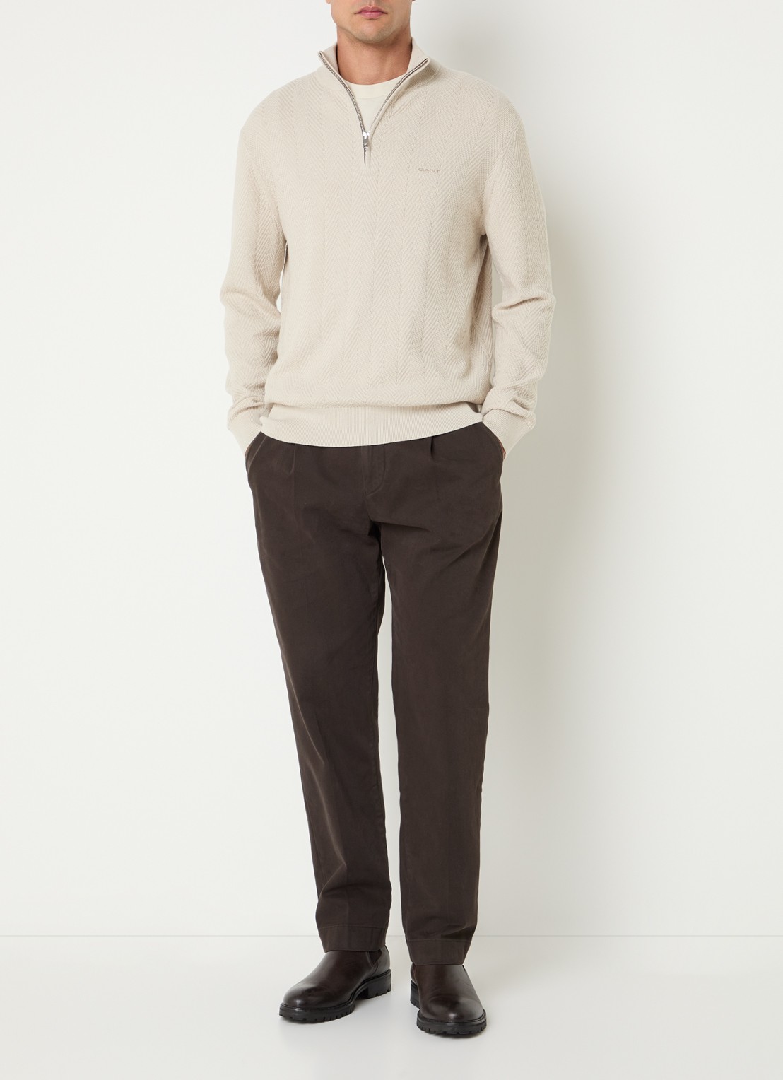 Gant Trui met logo en halve rits - voorkant 2 beige