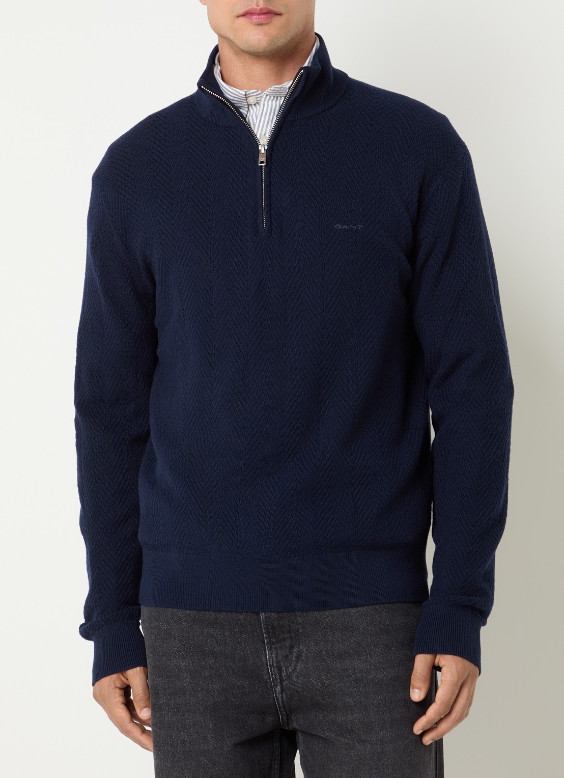 Gant Trui met logo en halve rits - detail blauw