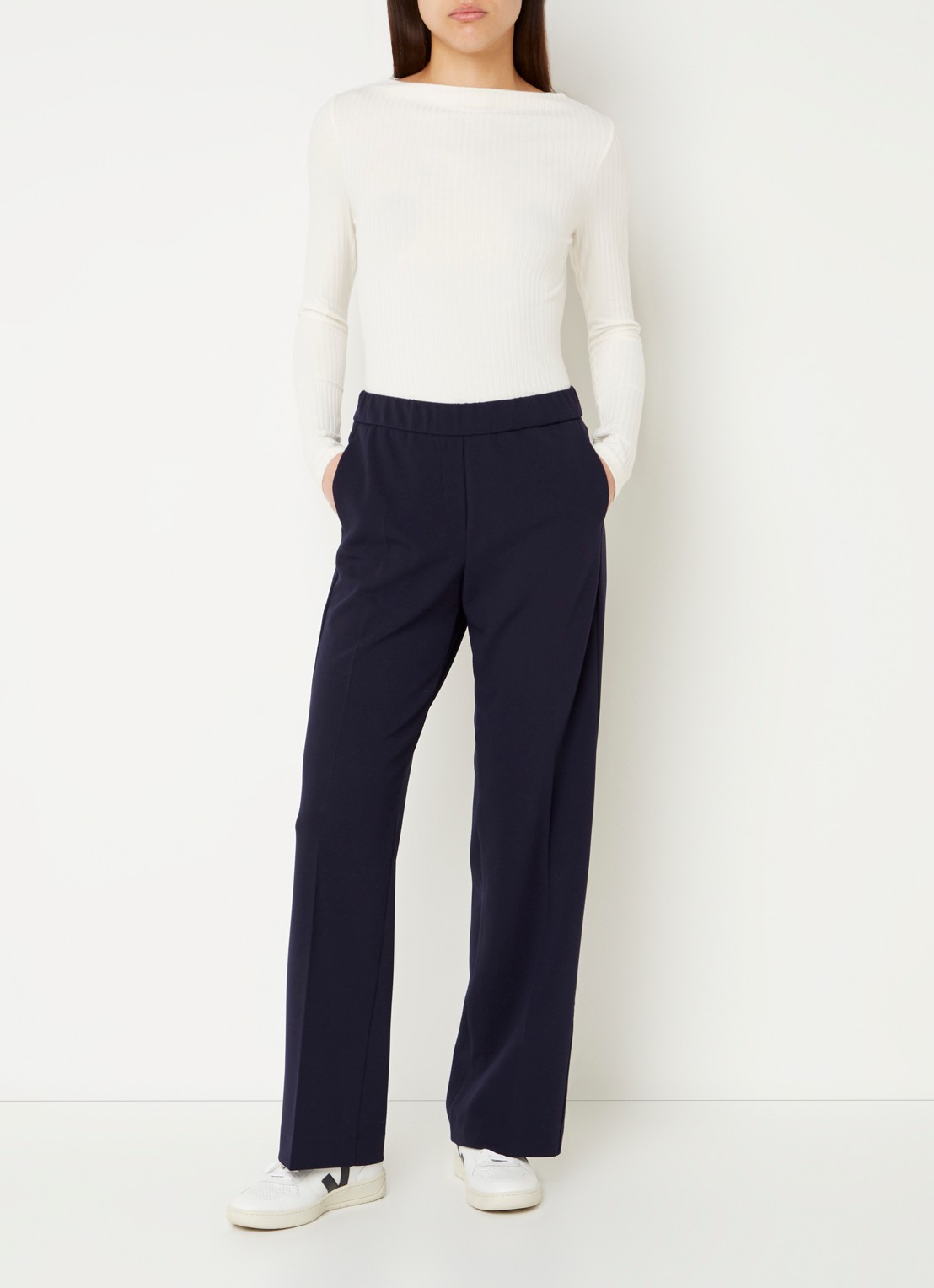 Gardeur Franca mid waist wide fit pantalon met persplooi - voorkant 2 donkerblauw