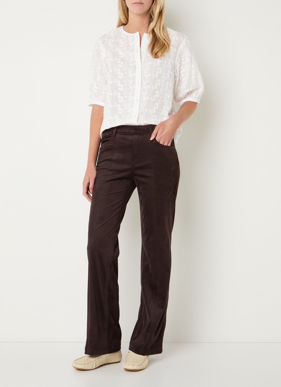 Gardeur High waist flared broek van suède - voorkant 3 donkerbruin