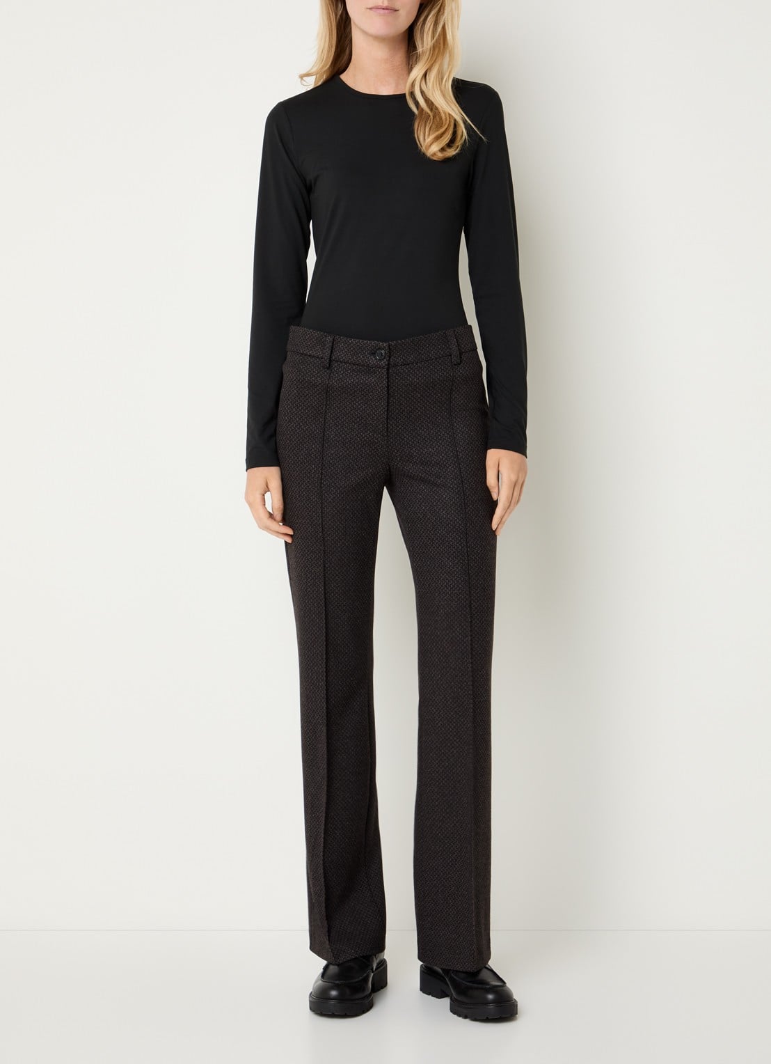 Gardeur Mid waist flared broek met ingebreid print - voorkant 4 donkerbruin