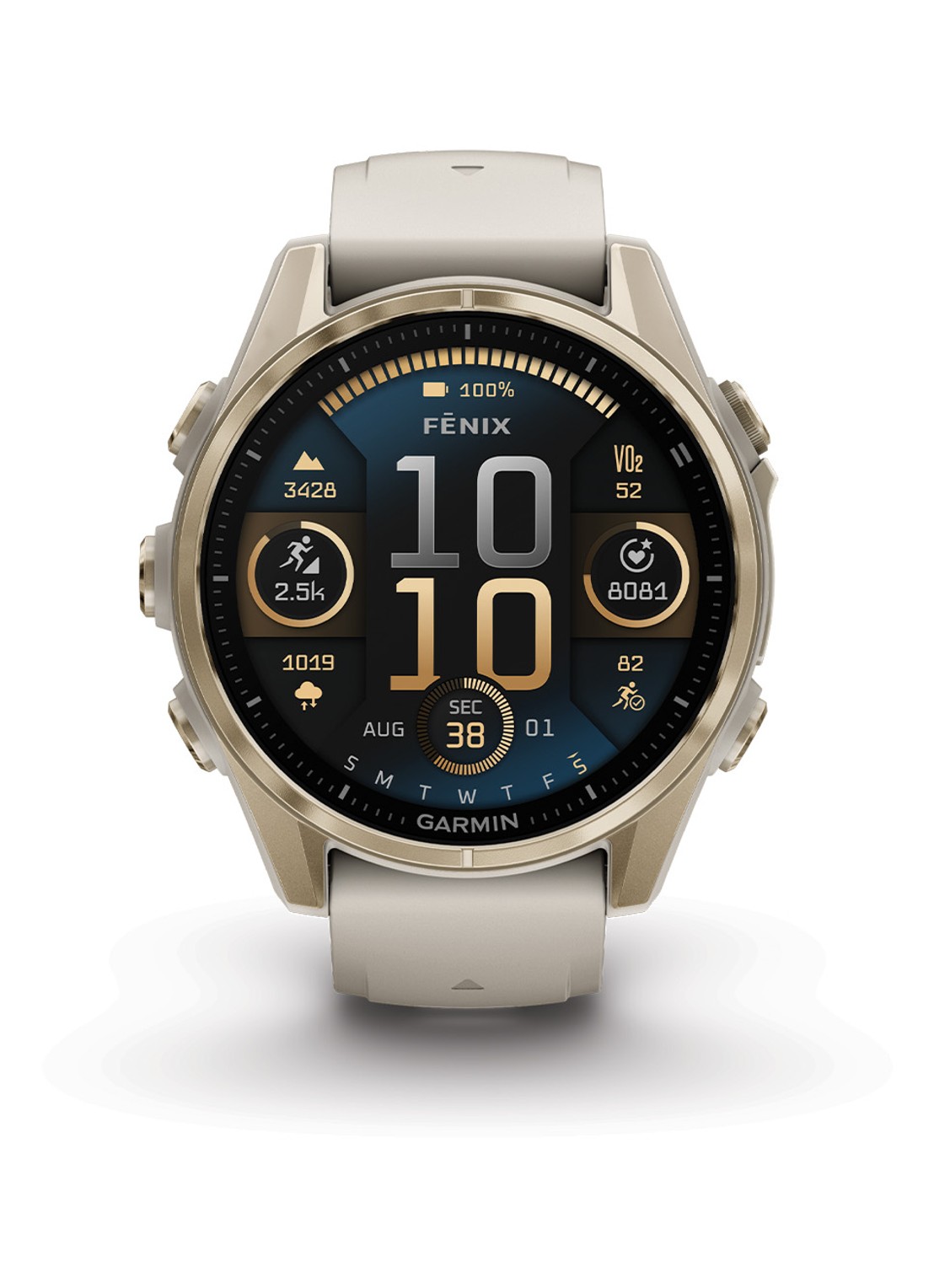 Garmin Fenix 8 43mm, AMOLED, saffier - voorkant 3 goud