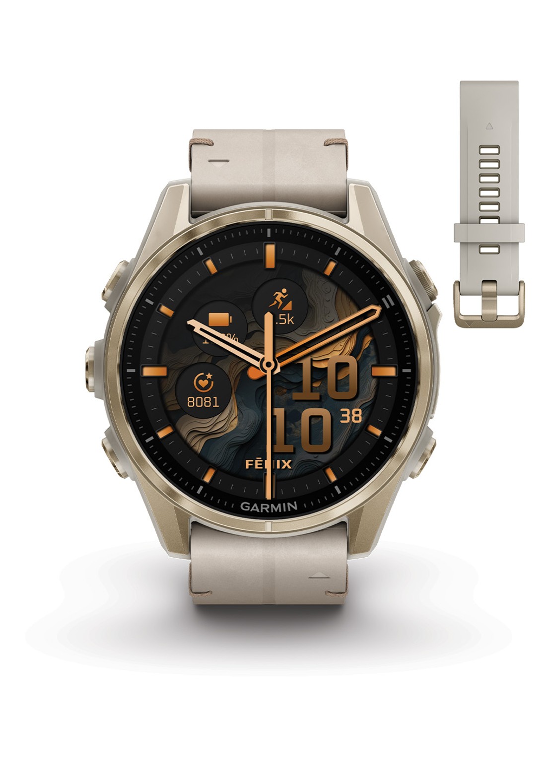 Garmin Fenix 8 43mm, AMOLED, saffier - voorkant goud