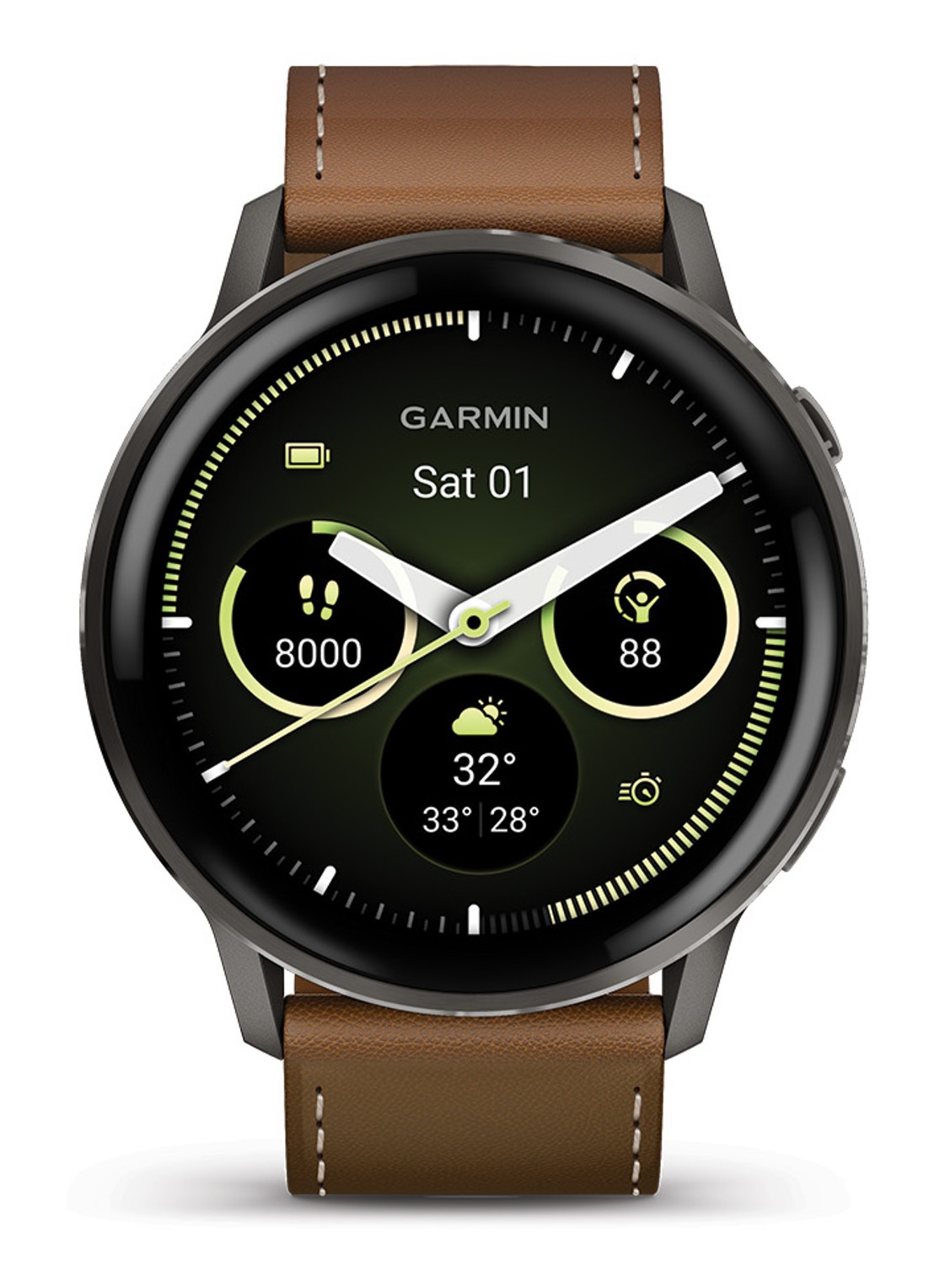 Garmin Venu 4 smartwatch 45 mm, met siliconen en lederen band - voorkant bruin
