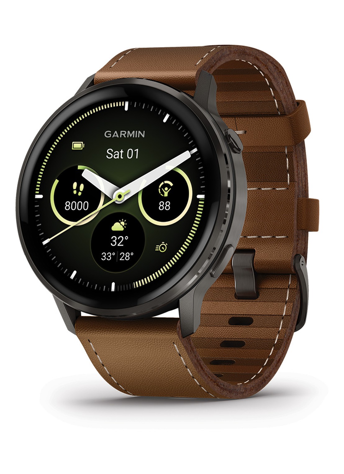 Garmin Venu 4 smartwatch 45 mm, met siliconen en lederen band - voorkant 2 bruin