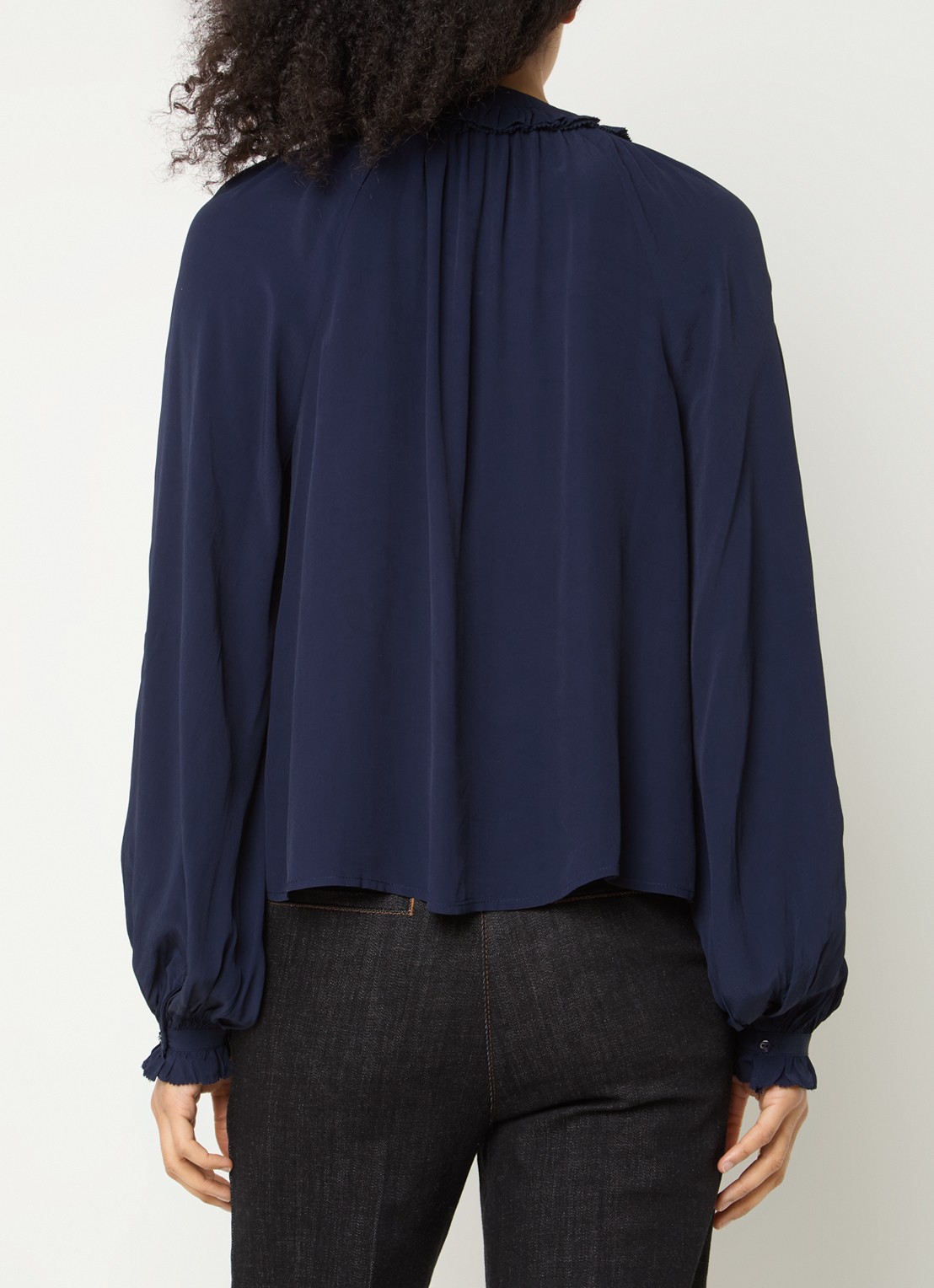 Gerard Darel Agnella blouse met ruches en ballonmouw - achterkant donkerblauw