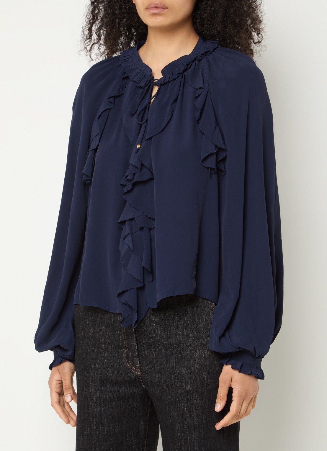 Gerard Darel Agnella blouse met ruches en ballonmouw - detail 2 donkerblauw