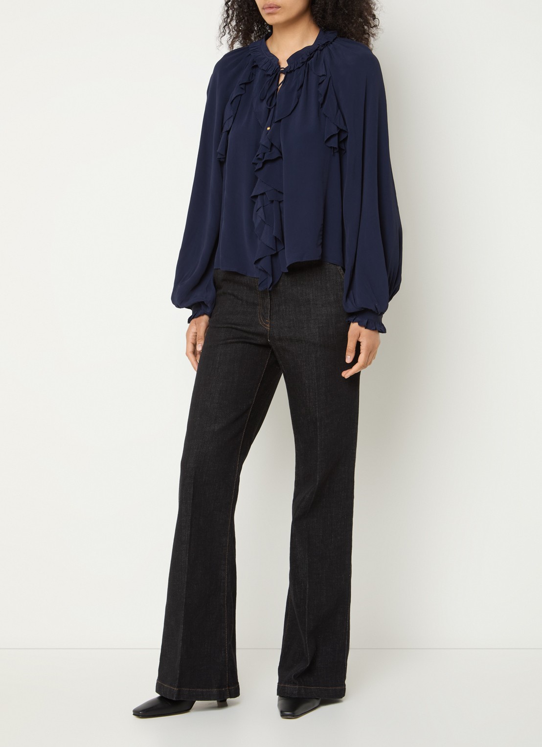Gerard Darel Agnella blouse met ruches en ballonmouw - voorkant 4 donkerblauw