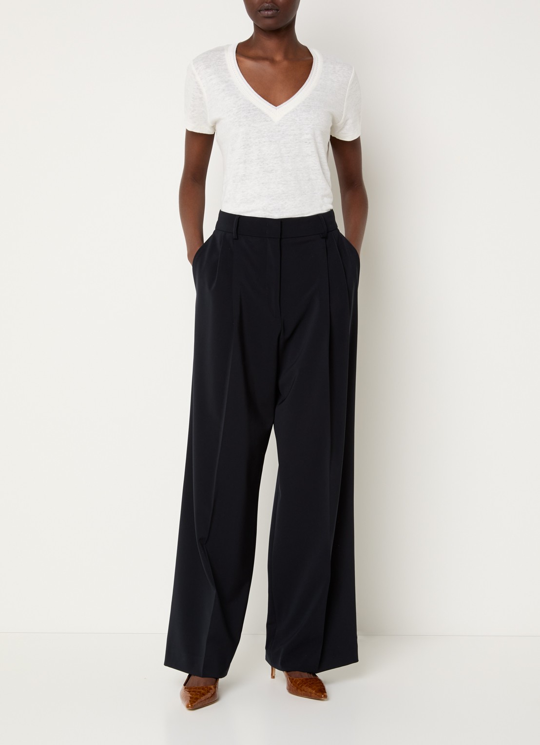 Gerard Darel Alissia high waist wide fit pantalon met steekzakken - voorkant 4 donkerblauw