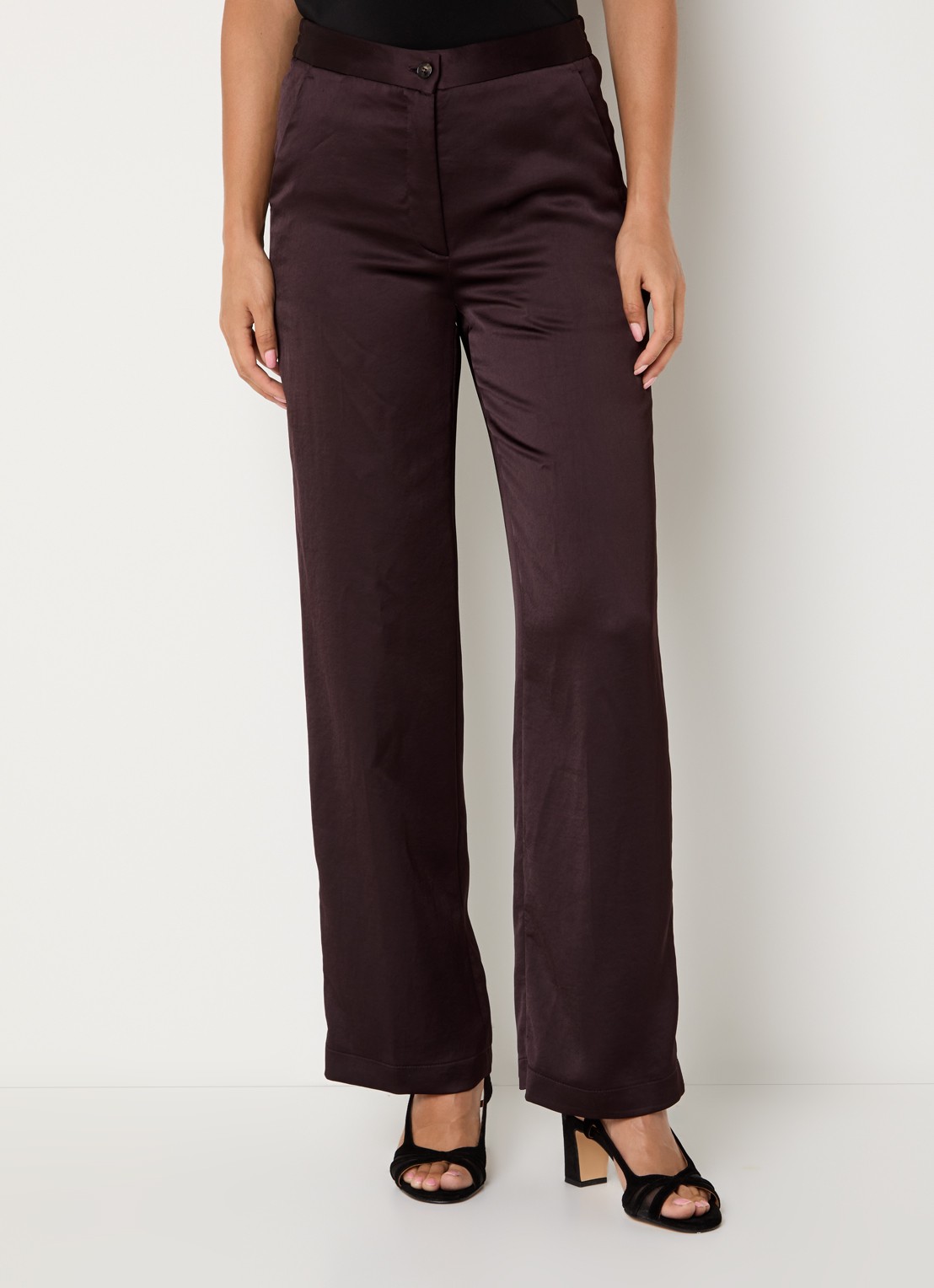 Gerard Darel Amelya mid waist straight fit broek van satijn - detail 3 donkerbruin