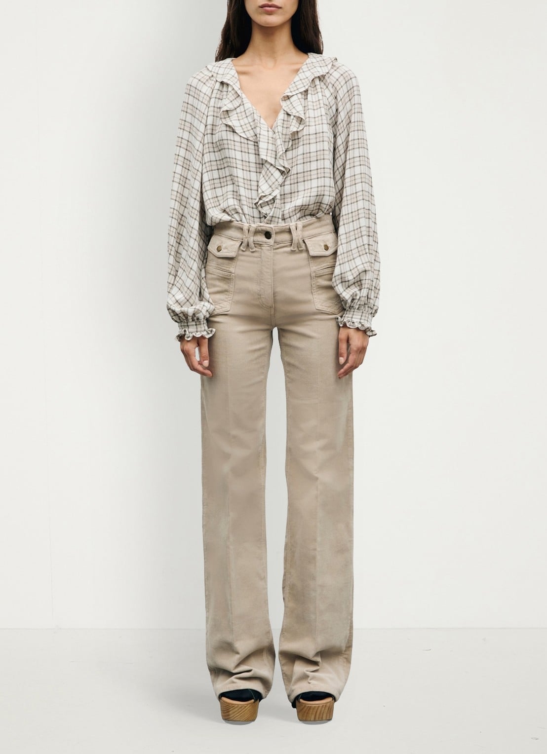 Gerard Darel Anna high waist flared jeans van corduroy - voorkant 2 beige