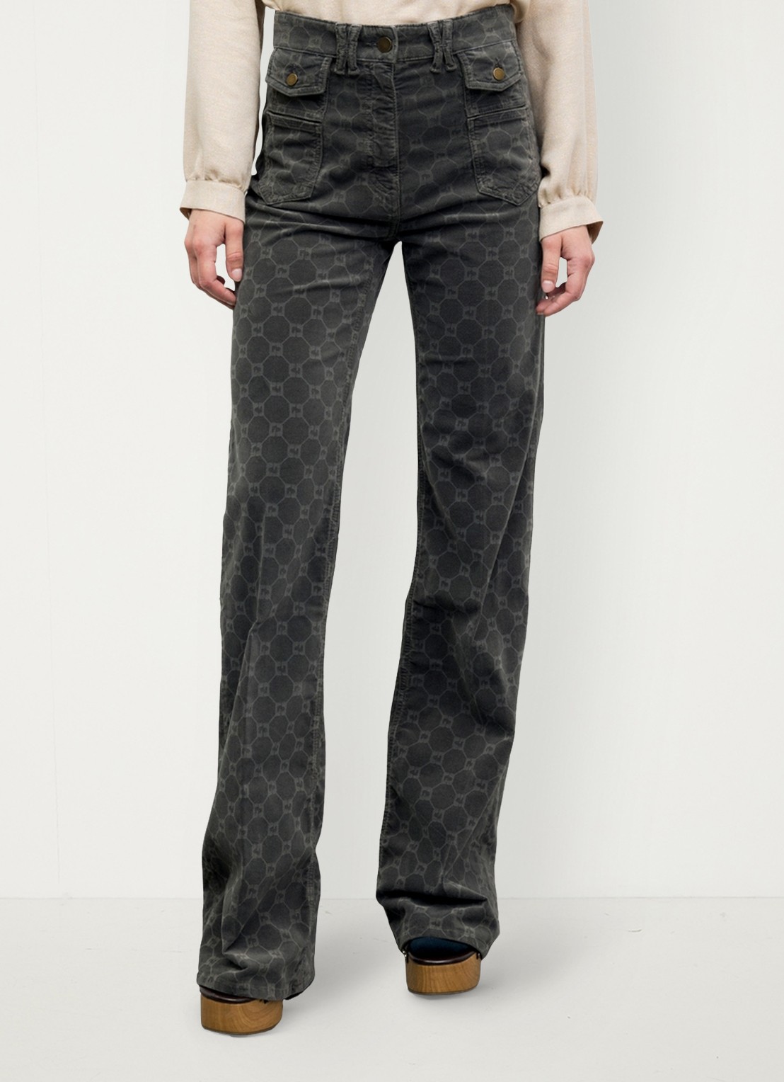 Gerard Darel Anna high waist flared jeans van fluweel met monogram - detail 2 antraciet