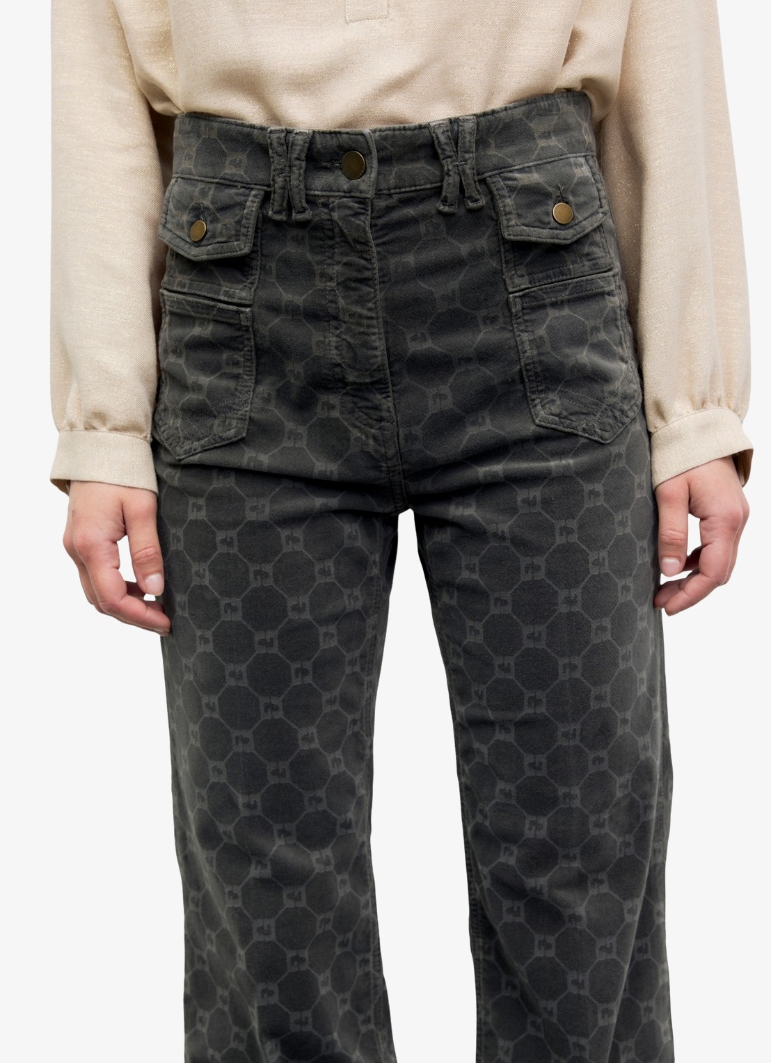 Gerard Darel Anna high waist flared jeans van fluweel met monogram - detail 3 antraciet