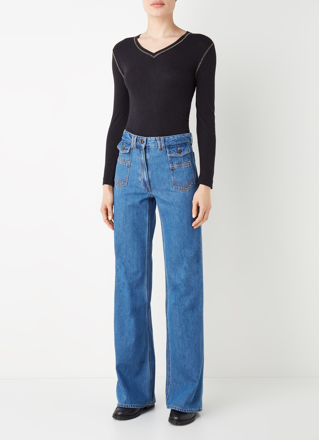 Gerard Darel Anna mid waist wide leg jeans met klepzakken - voorkant 4 indigo