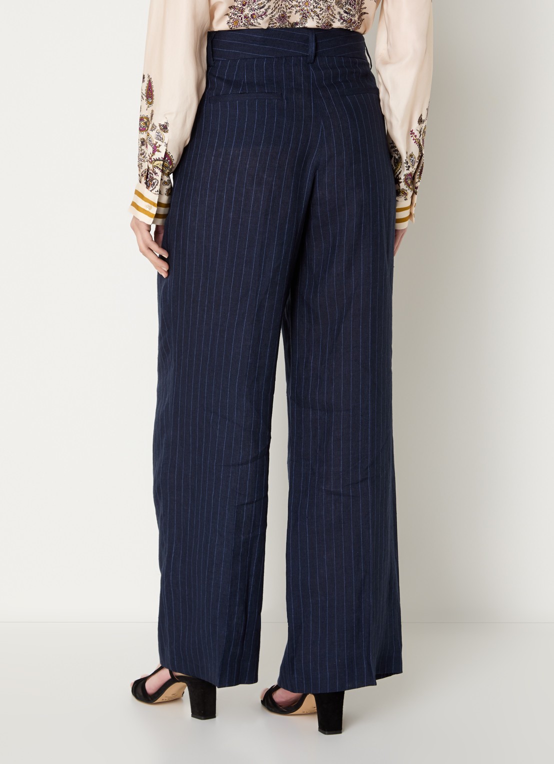 Gerard Darel Ayla high waist wide fit pantalon van linnen met krijtstreep - achterkant blauw
