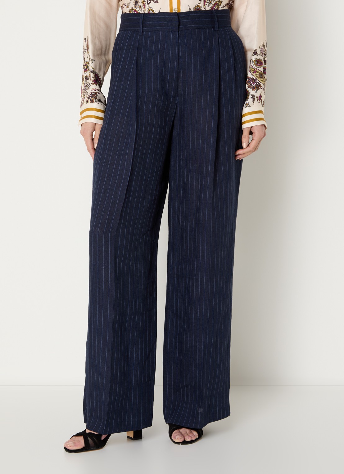 Gerard Darel Ayla high waist wide fit pantalon van linnen met krijtstreep - detail 4 blauw