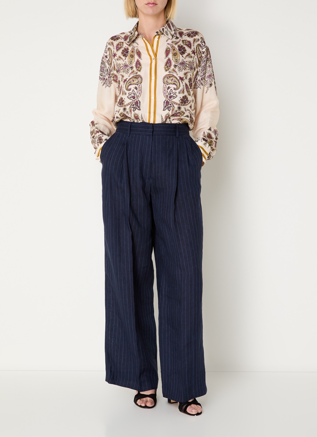 Gerard Darel Ayla high waist wide fit pantalon van linnen met krijtstreep - voorkant 3 blauw