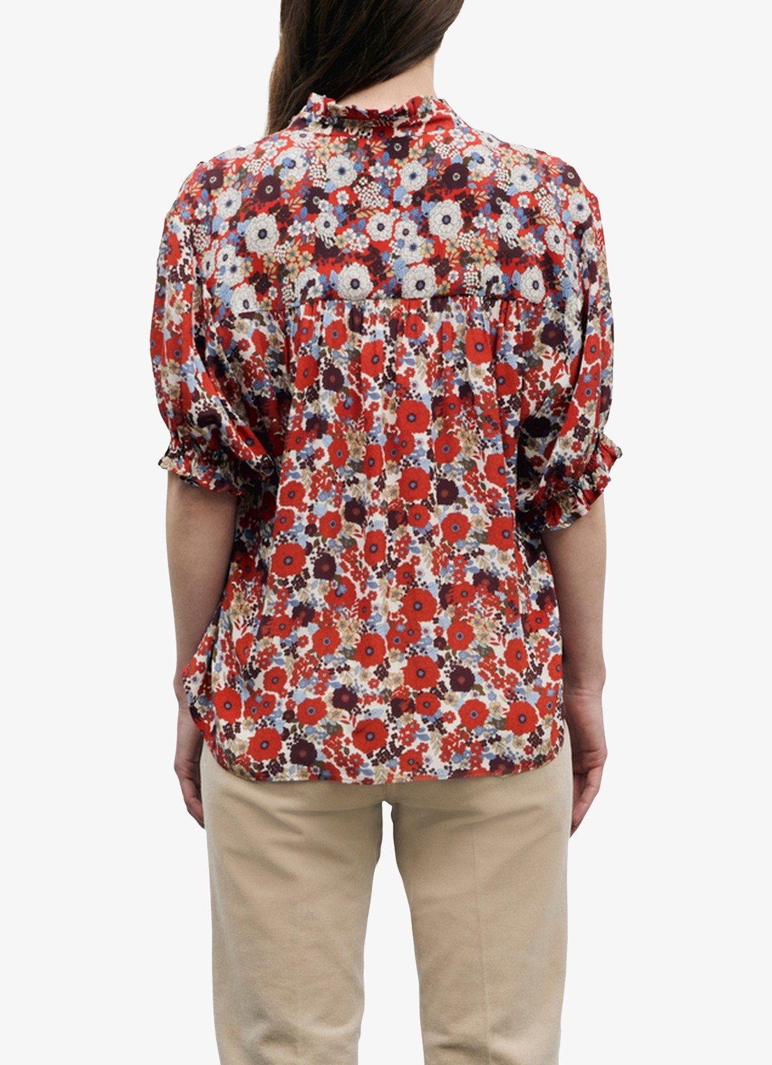 Gerard Darel Blouse met bloemenprint en ruches - achterkant 3 rood