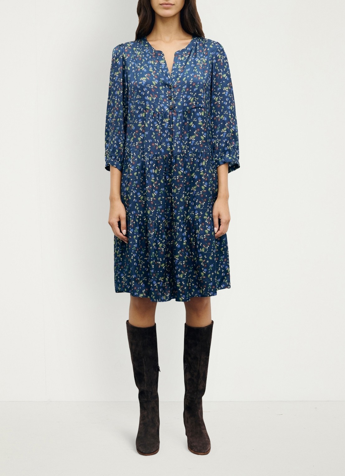Gerard Darel Caly midi jurk met bloemenprint - voorkant 2 blauw