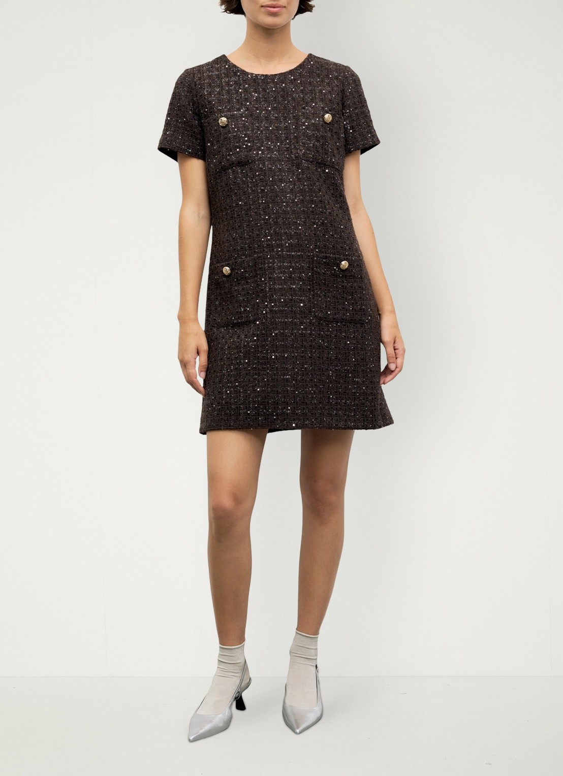Gerard Darel Cary mini jurk in wolblend met tweed-look - detail bruin