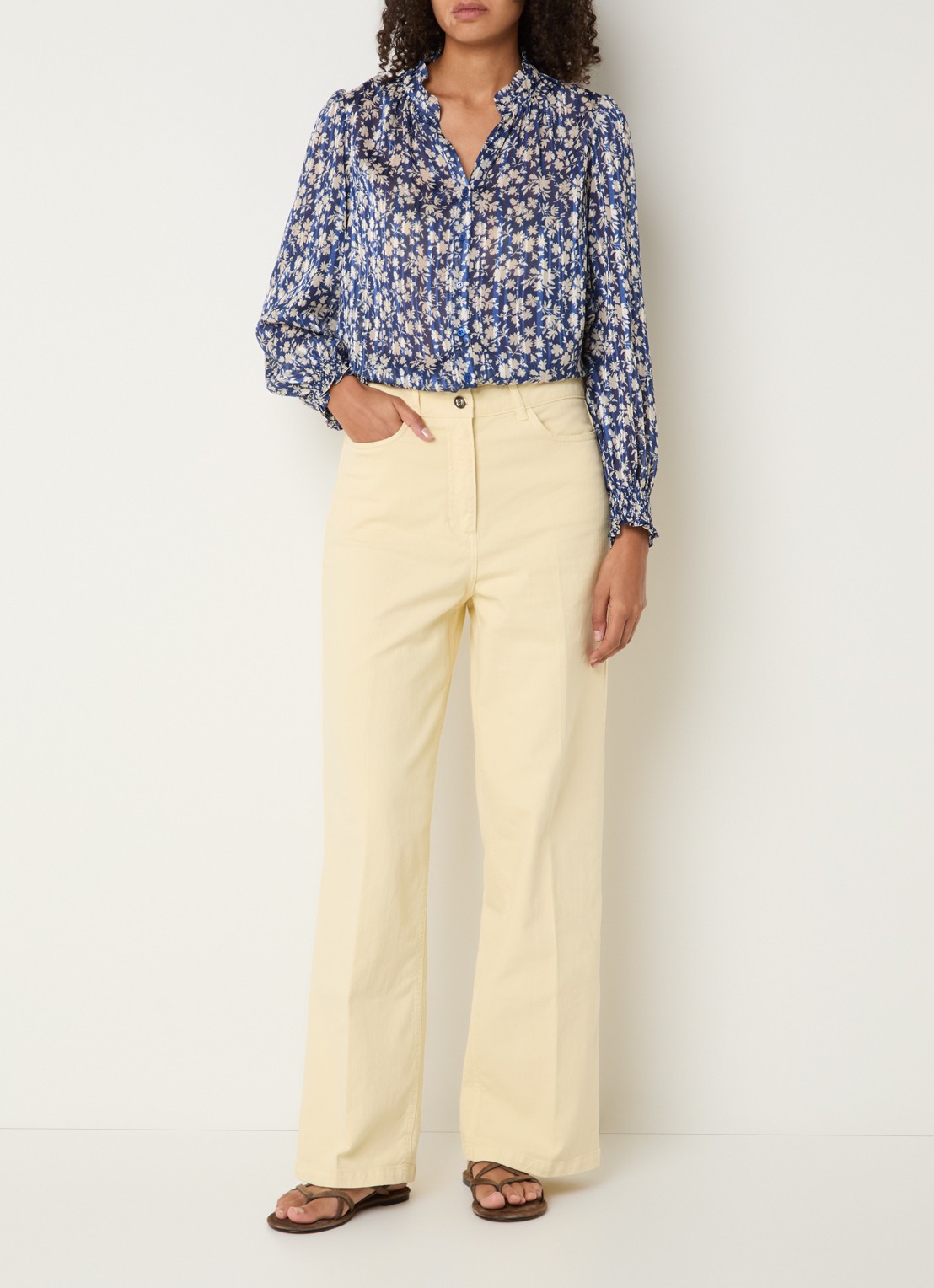 Gerard Darel Casy blouse met bloemenprint en lurex - voorkant 4 royalblauw