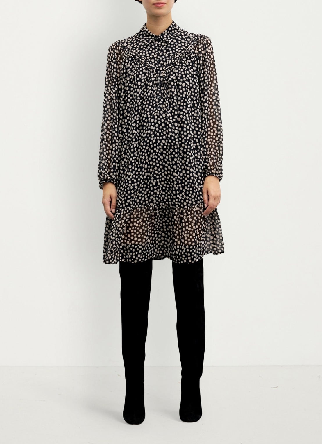 Gerard Darel Celest midi blousejurk met print - voorkant 5 zwart