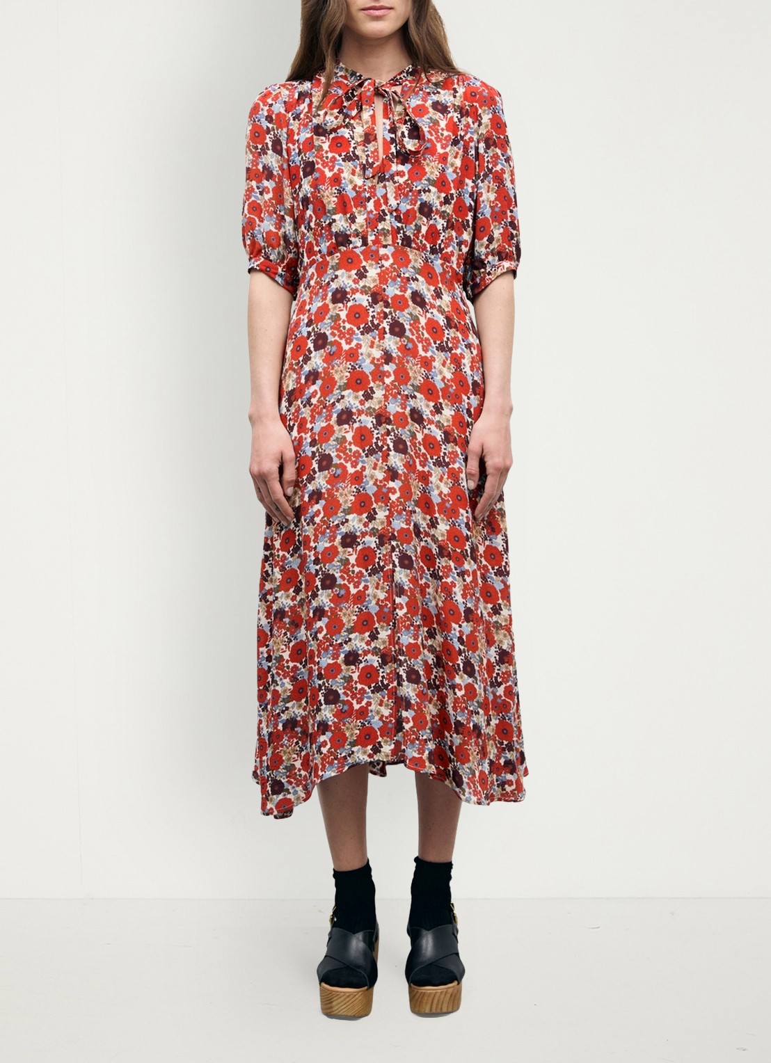 Gerard Darel Coco midi jurk met bloemenprint - voorkant 2 creme