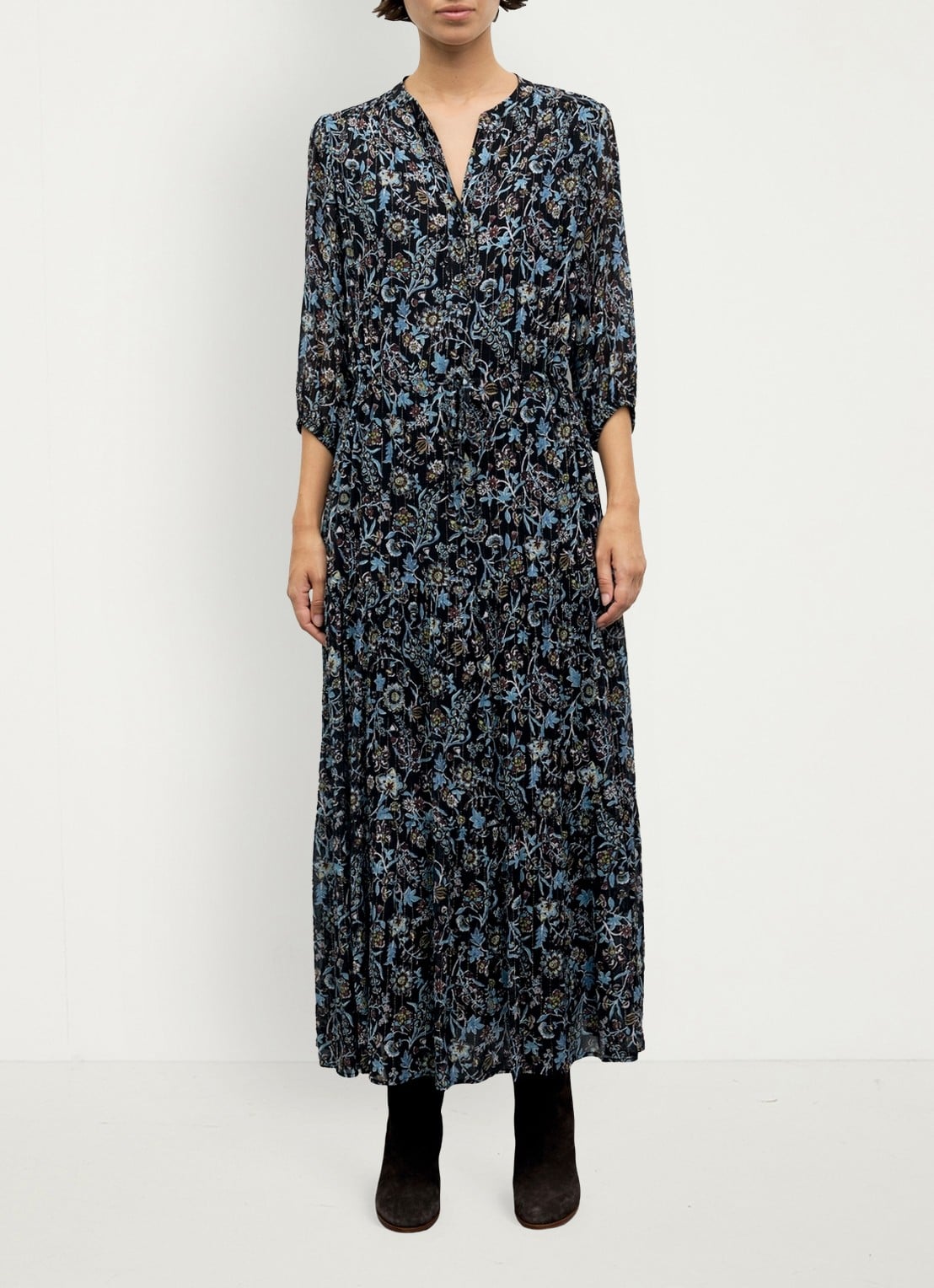 Gerard Darel Corie maxi jurk van zijde met bloemenprint - voorkant 5 zwart
