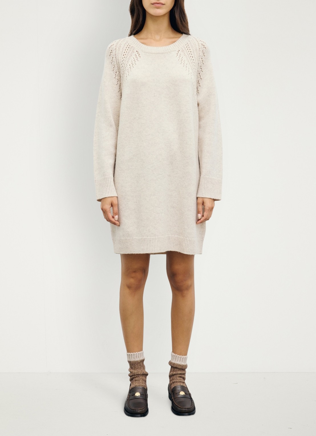Gerard Darel Coset mini gebreide jurk van wol - voorkant 4 gebroken wit