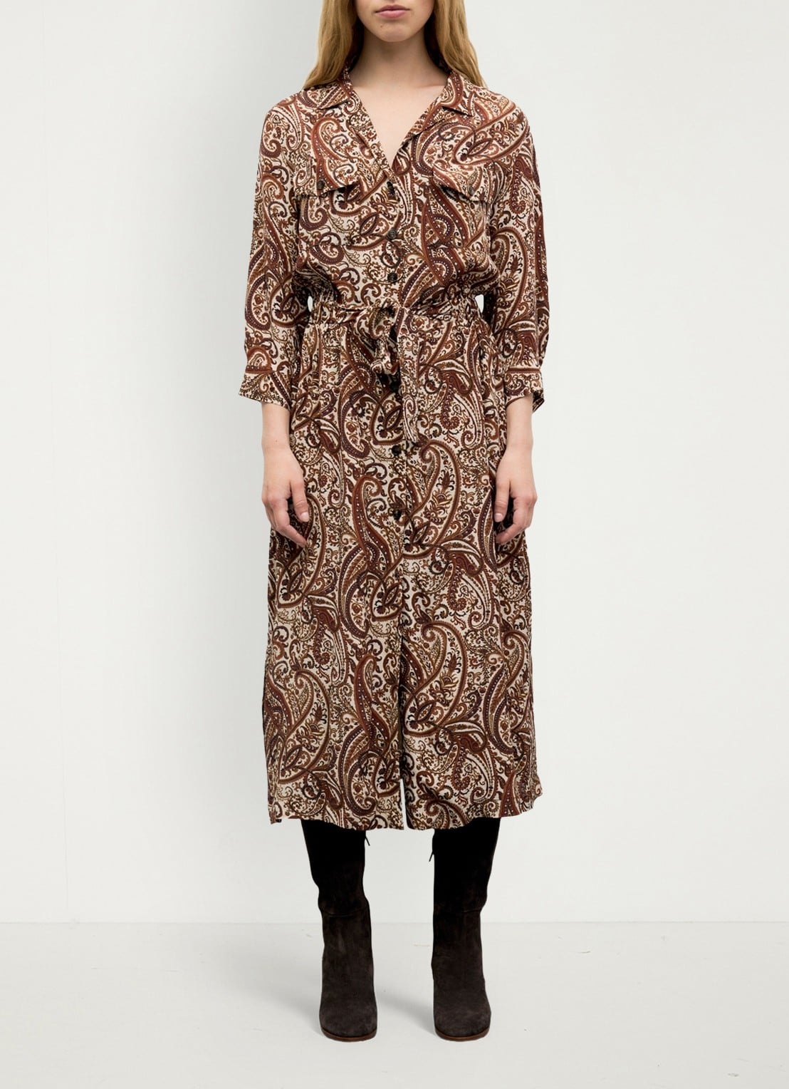 Gerard Darel Cyra midi blousejurk met paisley dessin - voorkant 4 bruin