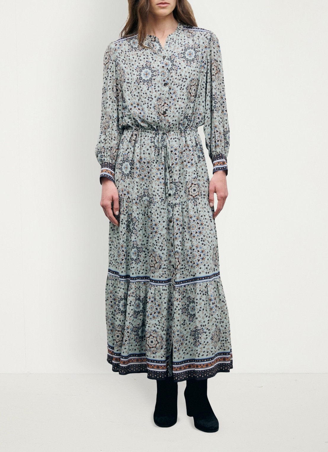 Gerard Darel Cyril maxi jurk met bloemenprint en strikceintuur - detail 3 blauwgrijs
