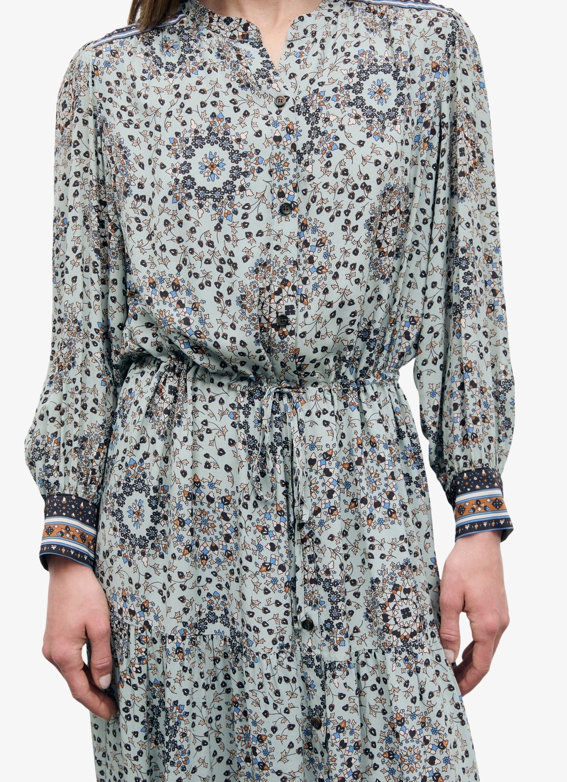 Gerard Darel Cyril maxi jurk met bloemenprint en strikceintuur - detail 4 blauwgrijs