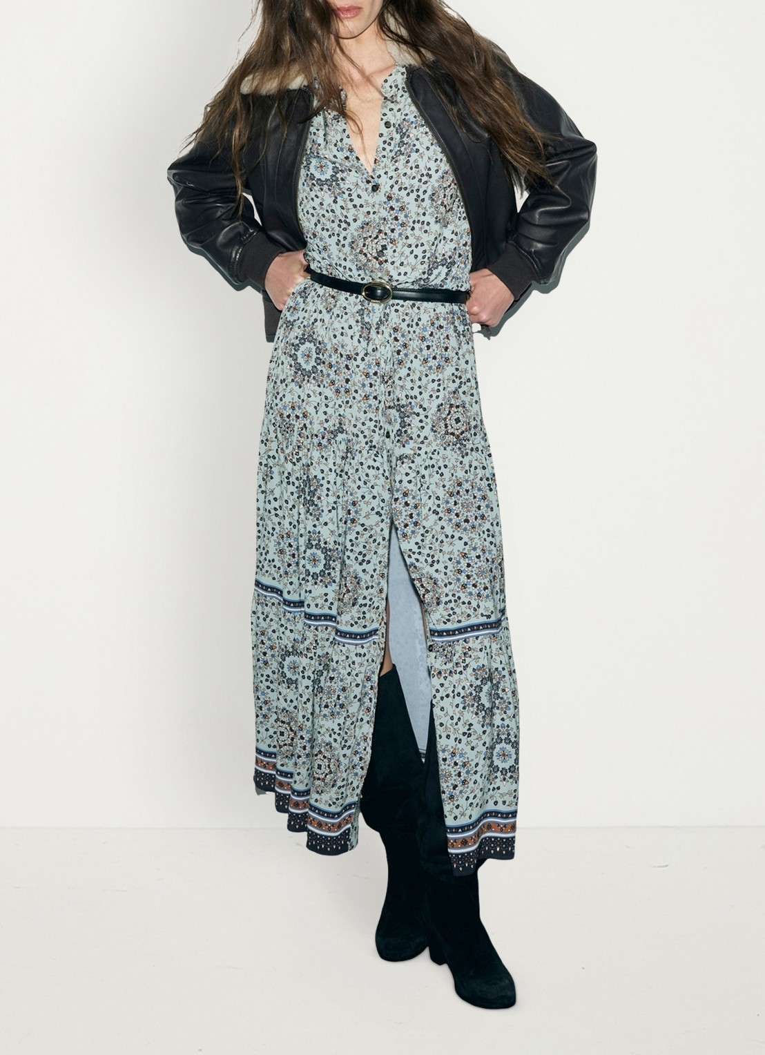 Gerard Darel Cyril maxi jurk met bloemenprint en strikceintuur - detail 5 blauwgrijs