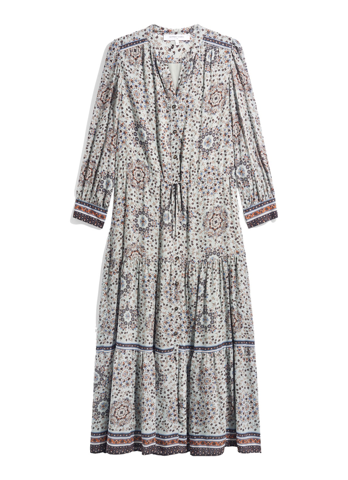 Gerard Darel Cyril maxi jurk met bloemenprint en strikceintuur - voorkant blauwgrijs