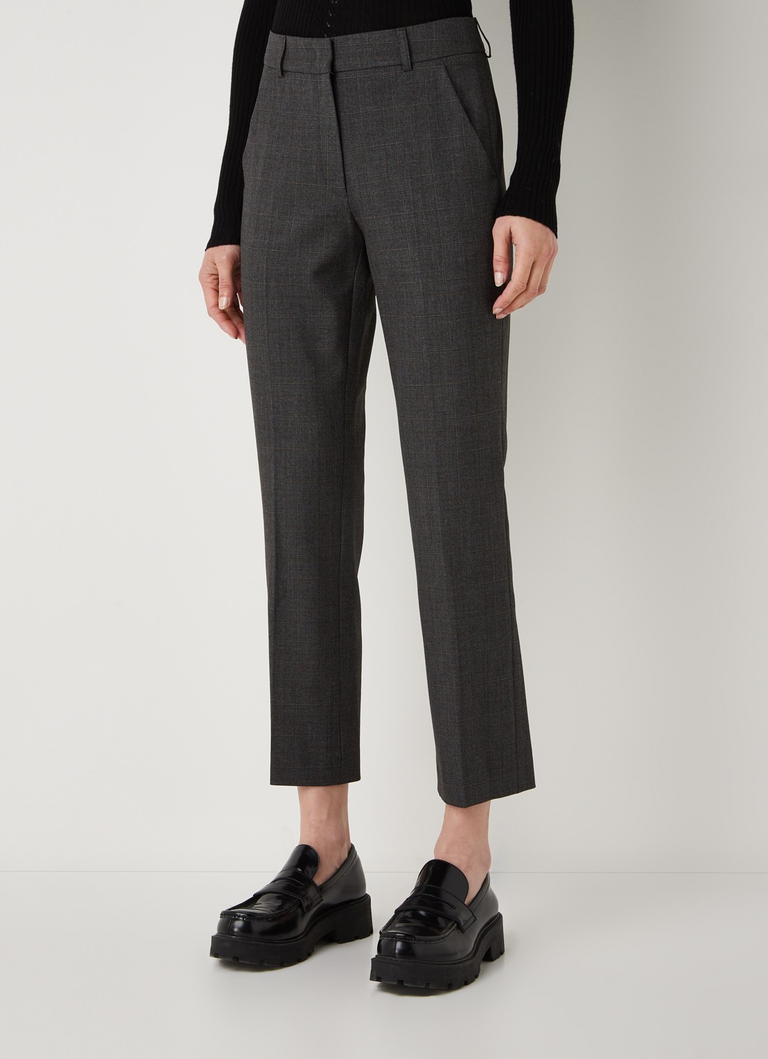 Gerard Darel Eliz mid waist straight fit cropped pantalon met ruitdessin - detail antraciet