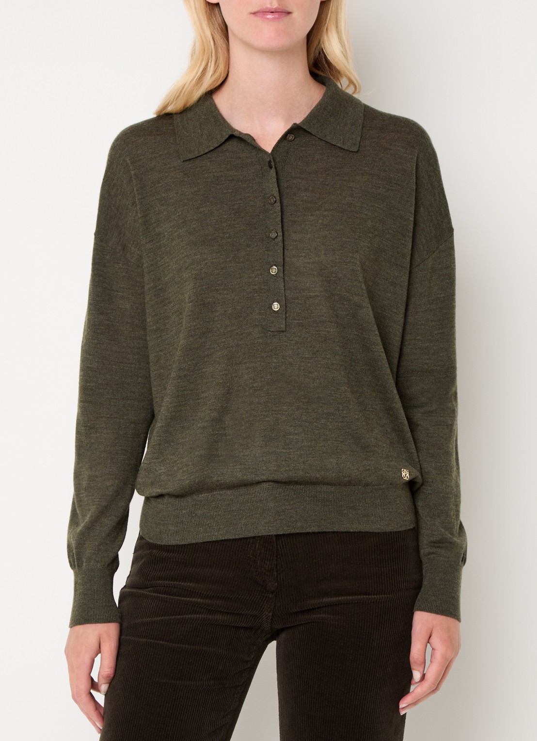Gerard Darel Emeline fijngebreide pullover van merino wol - detail 2 bronsgroen