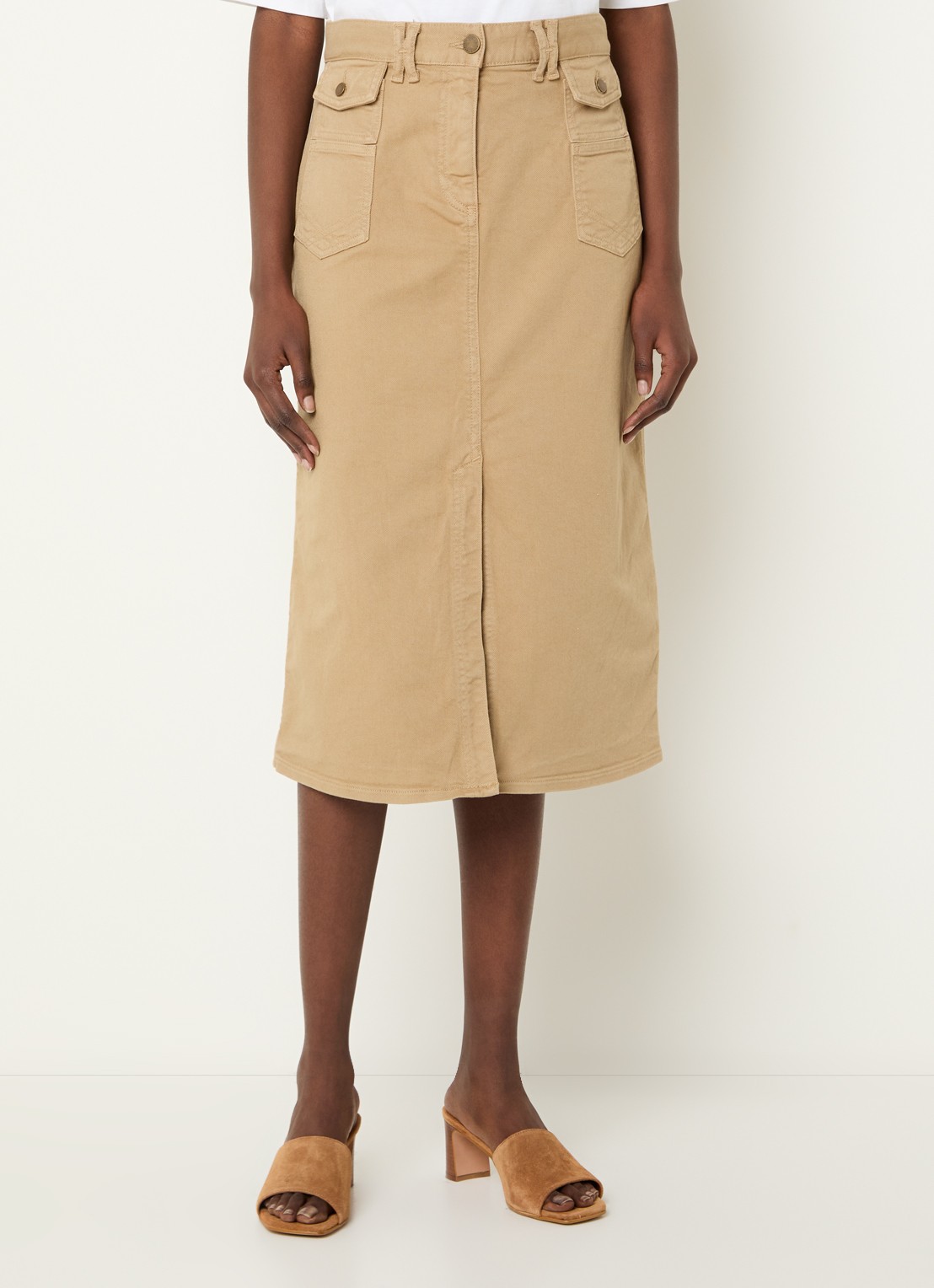 Gerard Darel Emma midi spijkerrok met klepzakken - detail zand