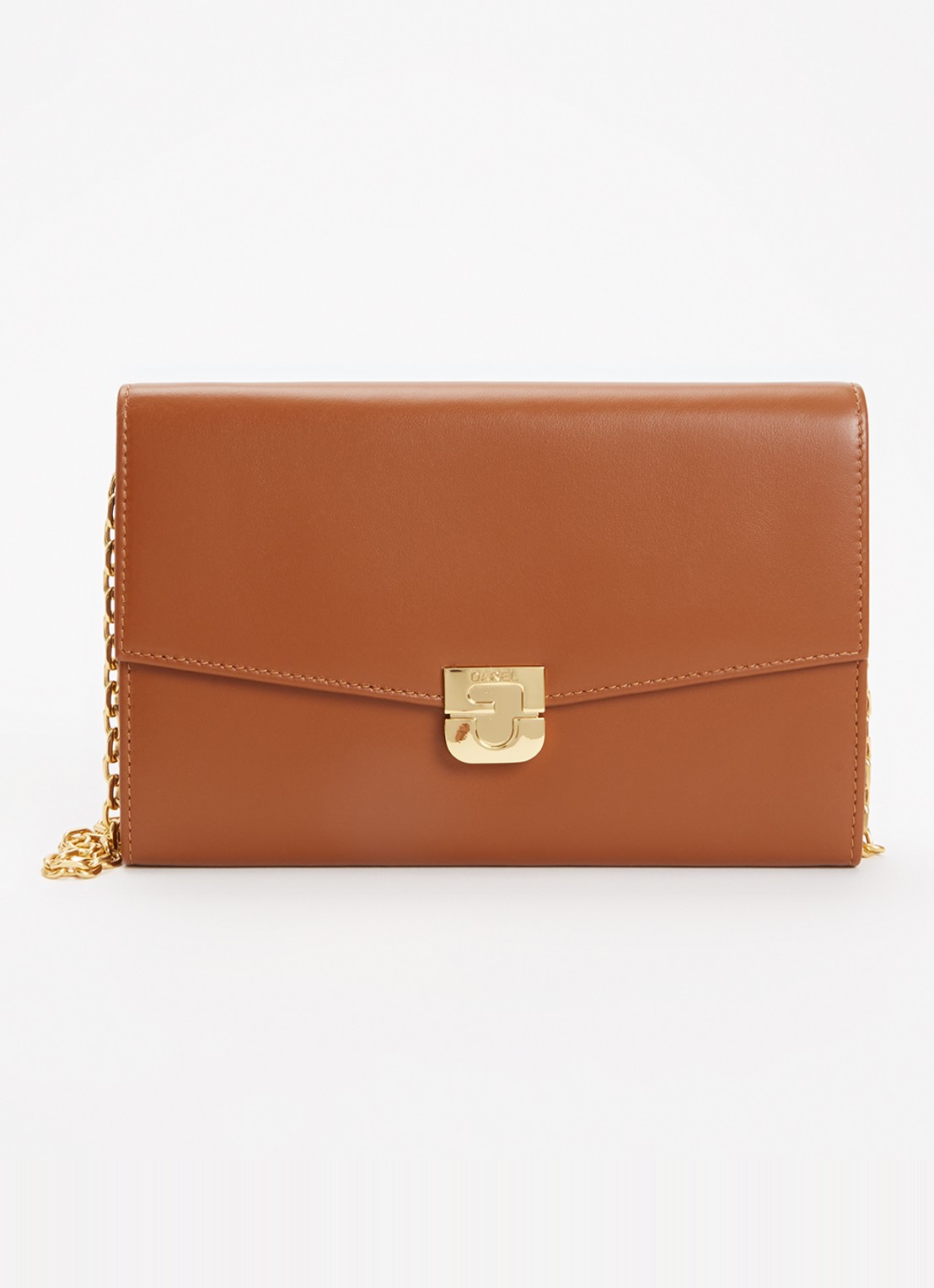 Gerard Darel Enveloppe clutch van leer met afneembare schouderriem - voorkant cognac