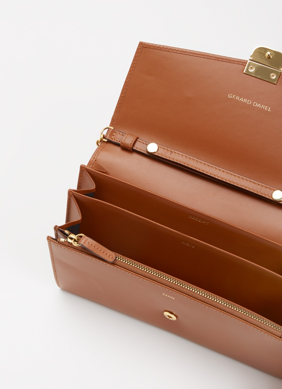 Gerard Darel Enveloppe clutch van leer met afneembare schouderriem - voorkant 2 cognac
